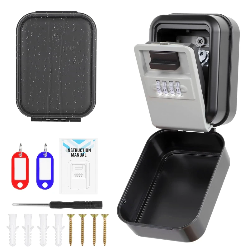 PopuLike Wall Mounted Light Up Dial Key Safe, Wall-Mounted Digital Key Lock Box with Illuminated Dial & Screwdriver, Medium 93×129×61mm, Outdoor Mounting Kit for Home, Office, and Vehicles