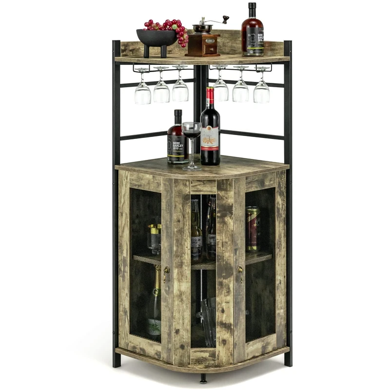FANTASK Wine Cabinet Corner Cabinet, Industrial Bar Cabinet with Glass Holder, Kitchen Home Bar Made of Metal Frame for Kitchen, Living Room, Dining Room, 46 x 46 x 130 cm (Light Brown)
