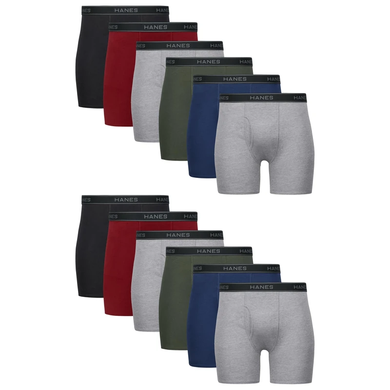 Hanes Men's Underwear, Cotton Boxer Briefs, Moisture-Wicking, Assorted Solids, 12-Pack, Black, Blue, Green, Grey, Red, XL