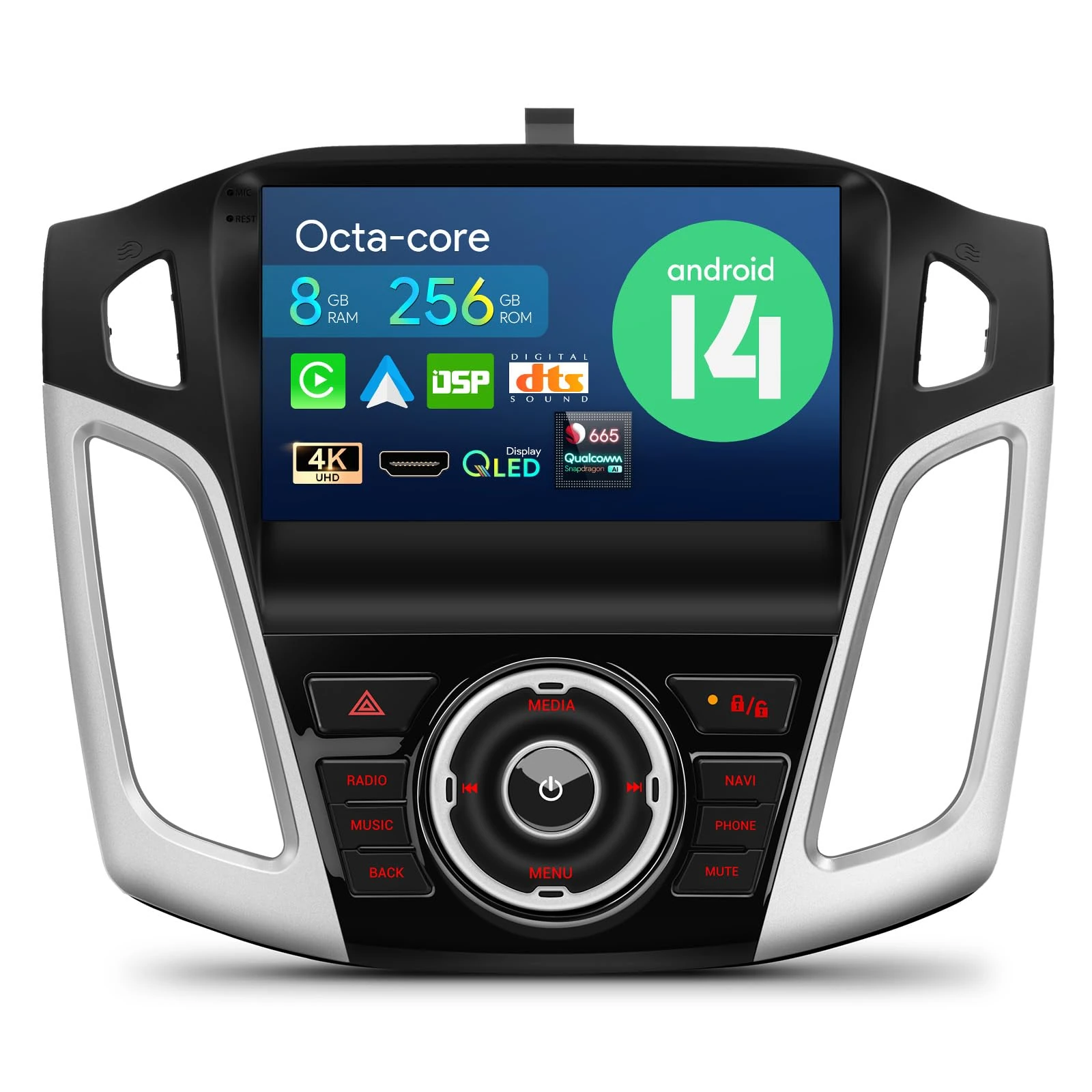 XTRONS Android 14 Qualcomm 665 QLED Radio Player for Ford Focus (2012-2017), 9 Inch Octa Core 8GB+256GB Car Stereo IPS Touched Screen DSP DTS 4G LTE GPS Bluetooth Support AHD Camera DAB+