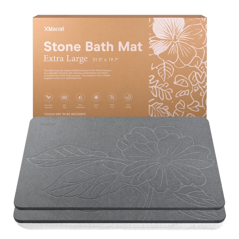 XMarrat Extra Large Stone Bath Mat Large 2 Pack, 31.5'' x 19.7'' Diatomaceous Earth Non-Slip Stone Shower Mat, Super Absorbent Diatomite Stone Mats for Bathroom, Quick Drying, Easy to Clean