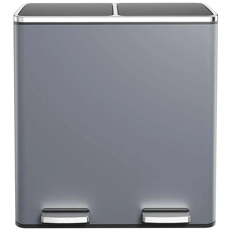 Clevich Kitchen Bin 60L, 2-Compartment Metal Trash Can with Soft-Close Lid, 2 Plastic Inner Buckets, 2 x 30 Litre Waste Separation System, Pedal Bin for Kitchen, Bathroom, Office