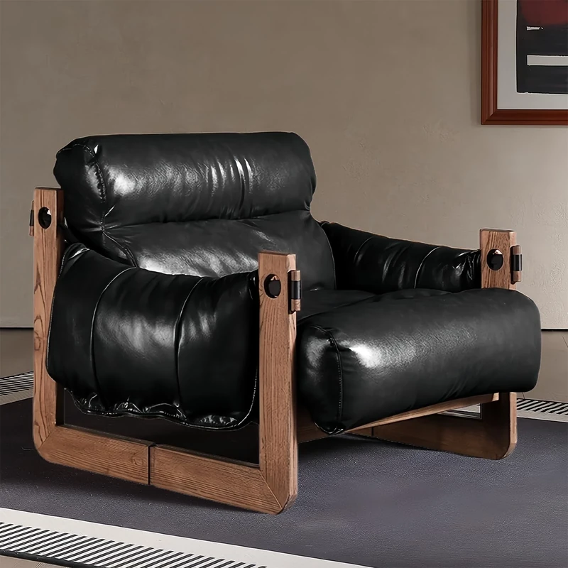 VTELGT Mid Century Oiled Leather Armchair - Solid Wood Frame, Black