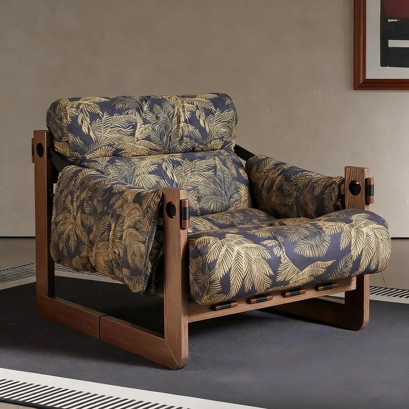 VTELGT Mid Century Armchair, Retro Pattern Lounge Chair, Accent Chair Tub Chair with Pads Soft Cushion, Solid Wood Frame for Living Room Bedroom Balcony Office, Jersey Style,Vintage Palm