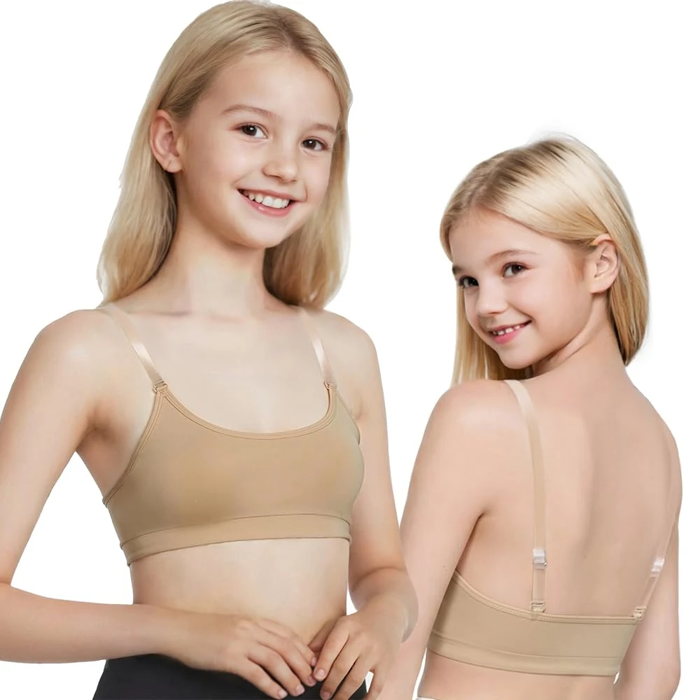 Mulnall Girls Dance Bra Clear Straps Ballet Bras,Unpadded with 2 Pairs Adjustable Straps,1 Pair Silicone Pads(8E-18-M)