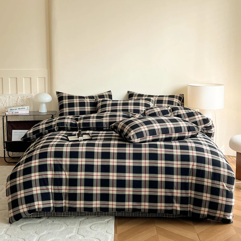 Mucalis Black Green Red Gingham Buffalo Plaid Duvet Cover Queen 100% Washed Cotton Vintage Checkered Duvet Cover Set Retro 3 Piece Grid Bedding Set with Zipper Closure Corner Ties,Soft,Easy Care