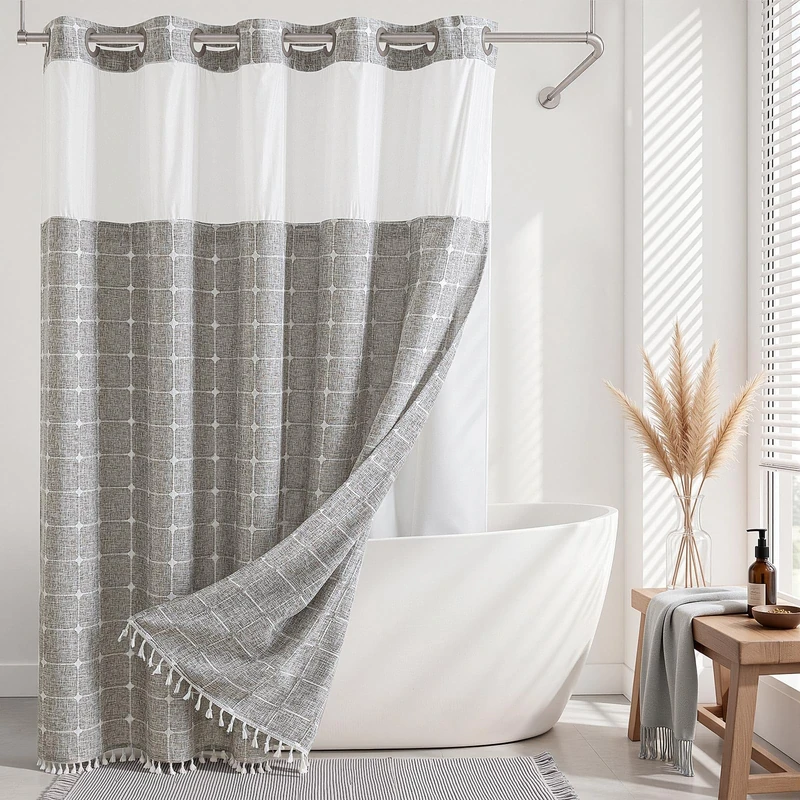 River Dream Farmhouse Khaki Shower Curtain with Snap-in Liner, No Hooks Shower Curtain Set, with Tassels for Bathroom Decor,Shower Curtain and Liner with Sheer Window 71x74 Inch