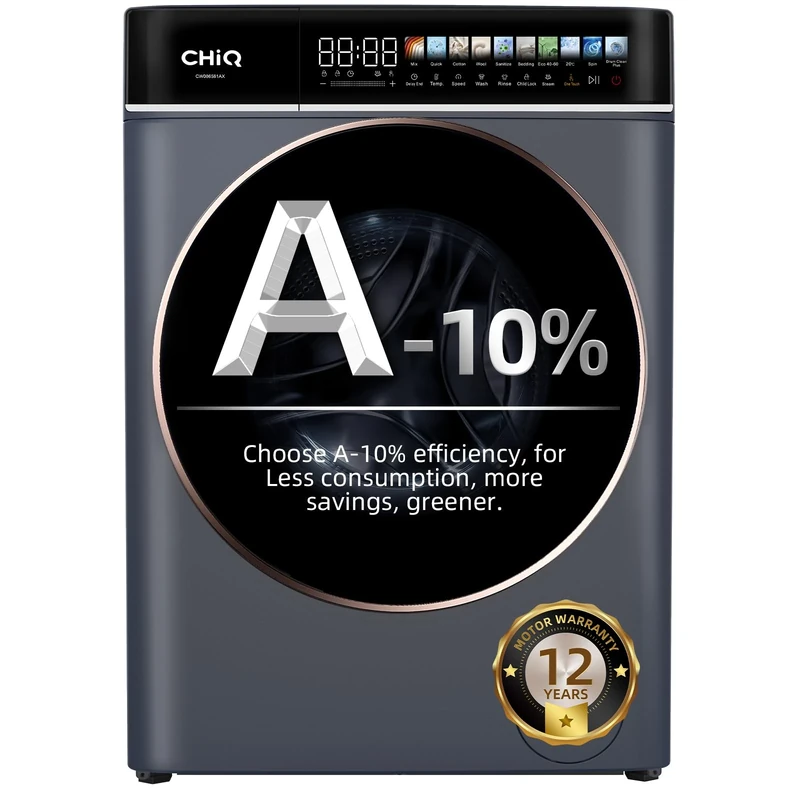 CHiQ CW086581AXU 8kg Washing Machine with 13.5" LED Touchscreen, A-10% Energy Efficiency, Steam Wash & Quick Wash, BLDC Motor (1400 RPM), Large Drum, Antibacterial Door Seal, Grey