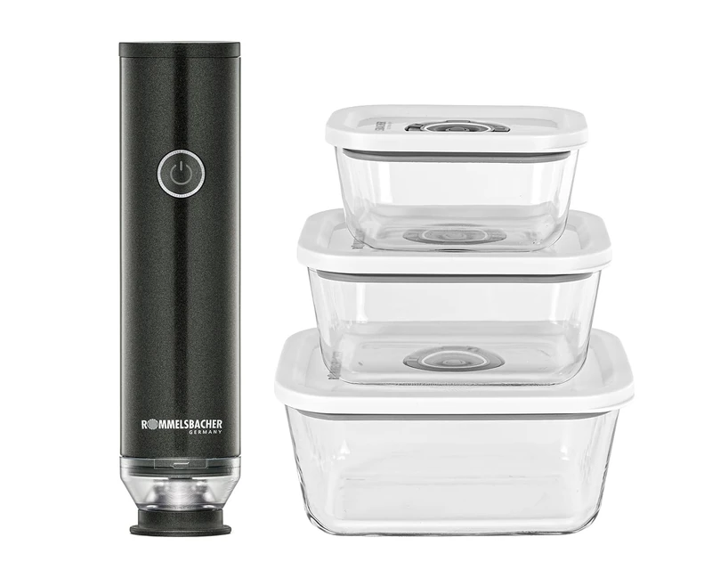 ROMMELSBACHER Hand Vacuum Sealer Set VAC 253/S, Vacuuming in Seconds, One-Hand Operation, Powerful, Durable Battery, Charging via USB, Includes 8 Zip Bags, 3 Vacuum Glass Containers