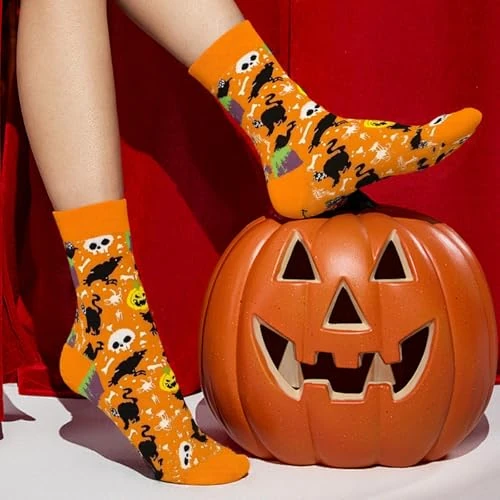 Halloween Socks,Unisex Crew Novelty Socks,Festive Design,Holiday Costume Party Wear, Yellow, One size