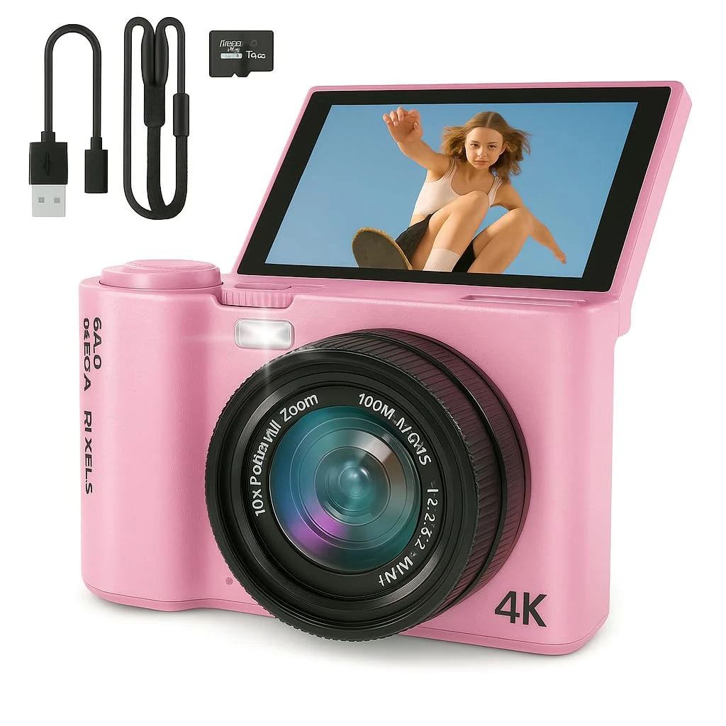 4K Digital Camera for Photography and Video, Point and Shoot Digital Cameras with Flip Screen, Small Digital Camera with WiFi and Bluetooth, Vlogging Camera for YouTube Video Recording (Pink)