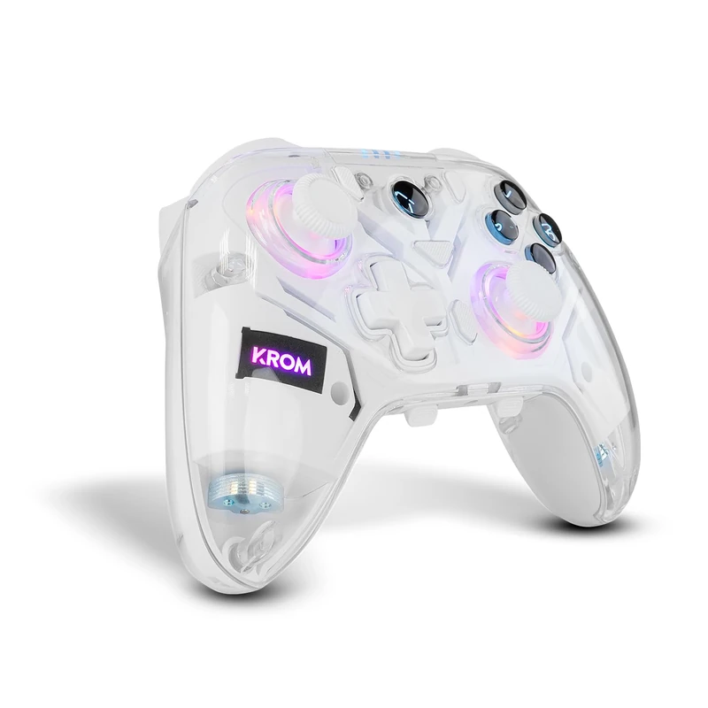 KROM KRYSTAL - Transparent Wireless Bluetooth 5.0, RGB, 17 Customizable Buttons, Dual Vibration, Macros, Compatible with PC/Switch/Switch 2/iOS/Android