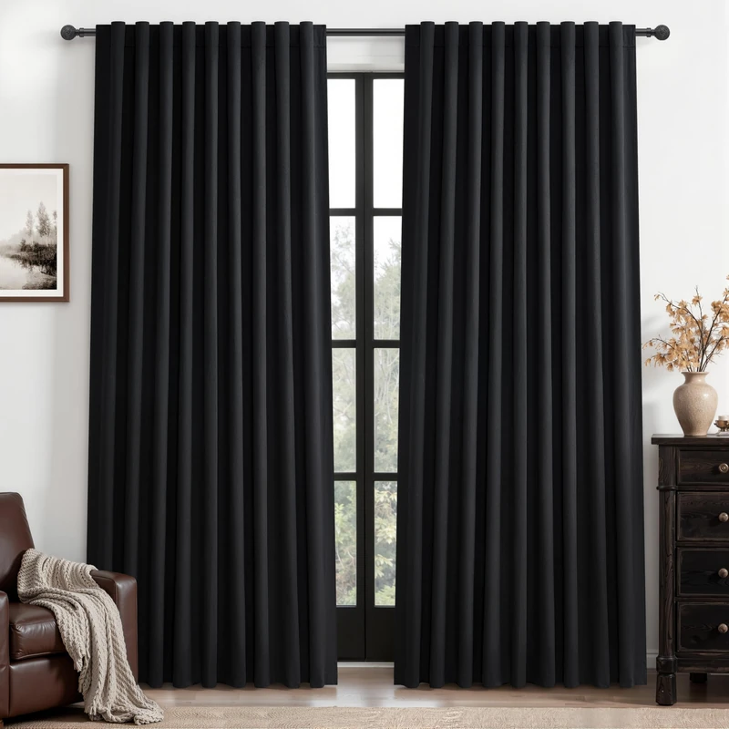Black Out Curtains 60 Inches Extra Wide Luxury Linen Curtains 84 Inch Length for Living Room, Pleated Farmhouse Bedroom Thermal Heavy Drapes for Winter Thick Large Window 60"W x 84"L 2 Panels