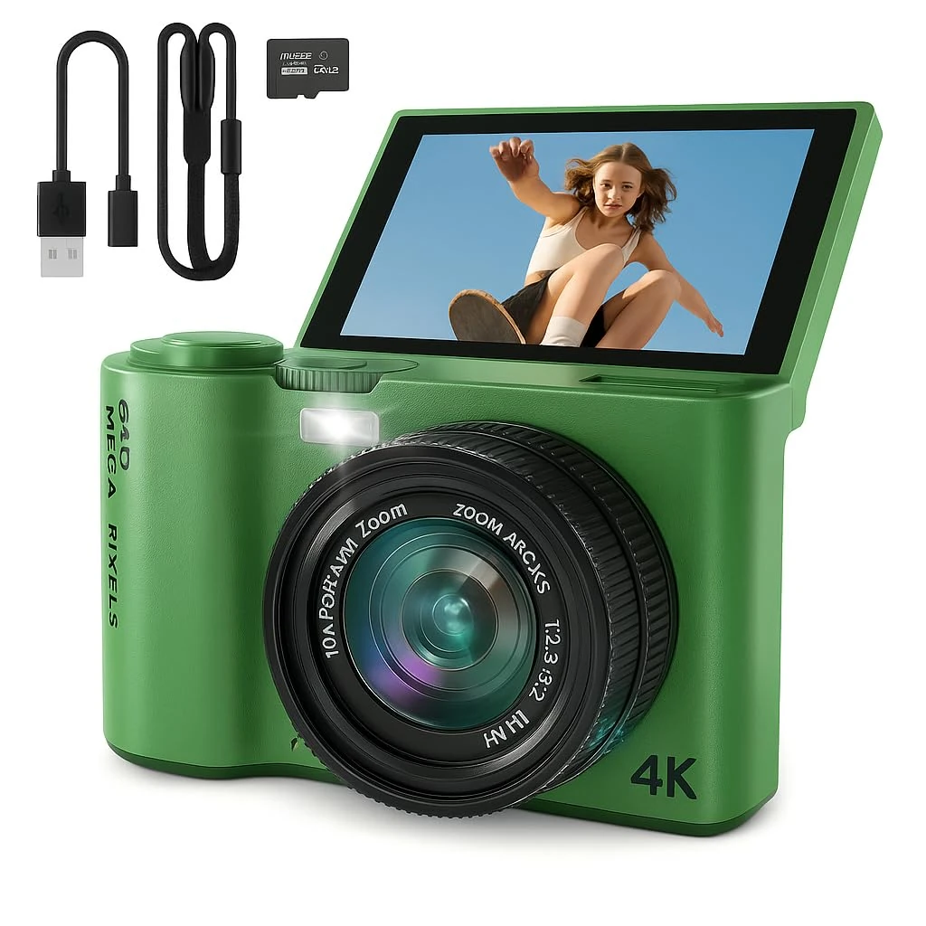 4K Digital Camera for Photography and Video, Point and Shoot Digital Cameras with Flip Screen, Small Digital Camera with WiFi and Bluetooth, Vlogging Camera for YouTube Video Recording (Green)