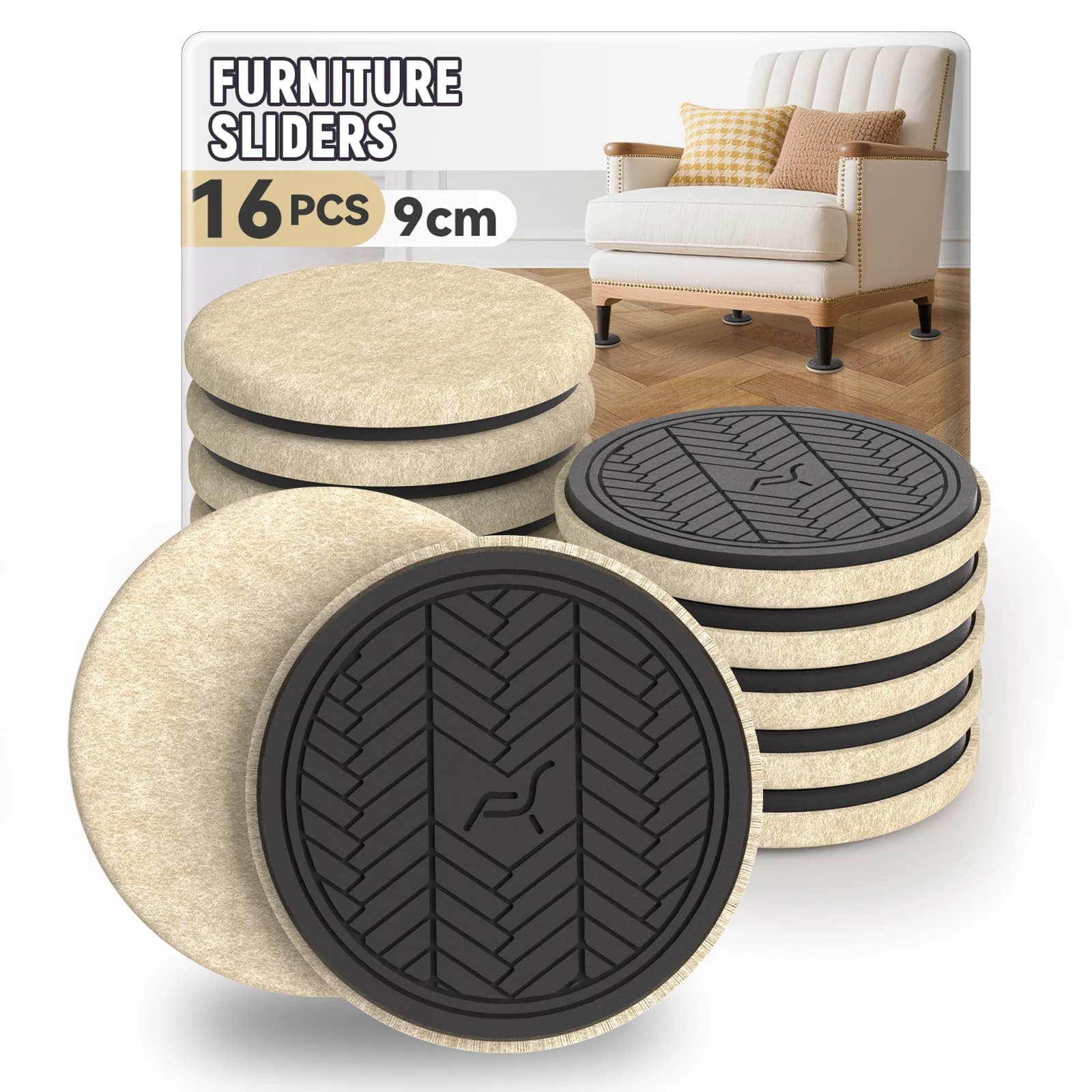Felt Furniture Sliders for Wooden Floors, Beige 16PCS -9cm (3 ½”) Thick Furniture Pad Gliders for Heavy Duty Items, Moving Heavy Furniture Quickly and Easily