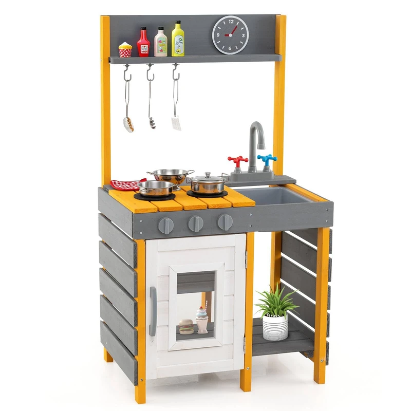 GYMAX Kids Mud Kitchen, Outdoor Toy Kitchen with Stoves, Removable Sink, Faucet, Oven, Hanging Hooks, Storage Shelves & Cookware Accessories, Wooden Cooking Role Playset 3+ Years Old Boys Girls