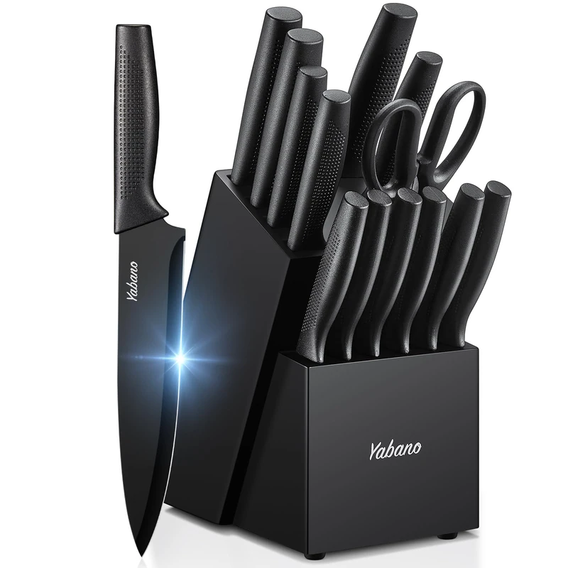 Yabano Knife Block Set, 14-Piece Kitchen Knife Set with Integrated Knife Sharpener, Sharp Black Knife Set, Dishwasher Safe