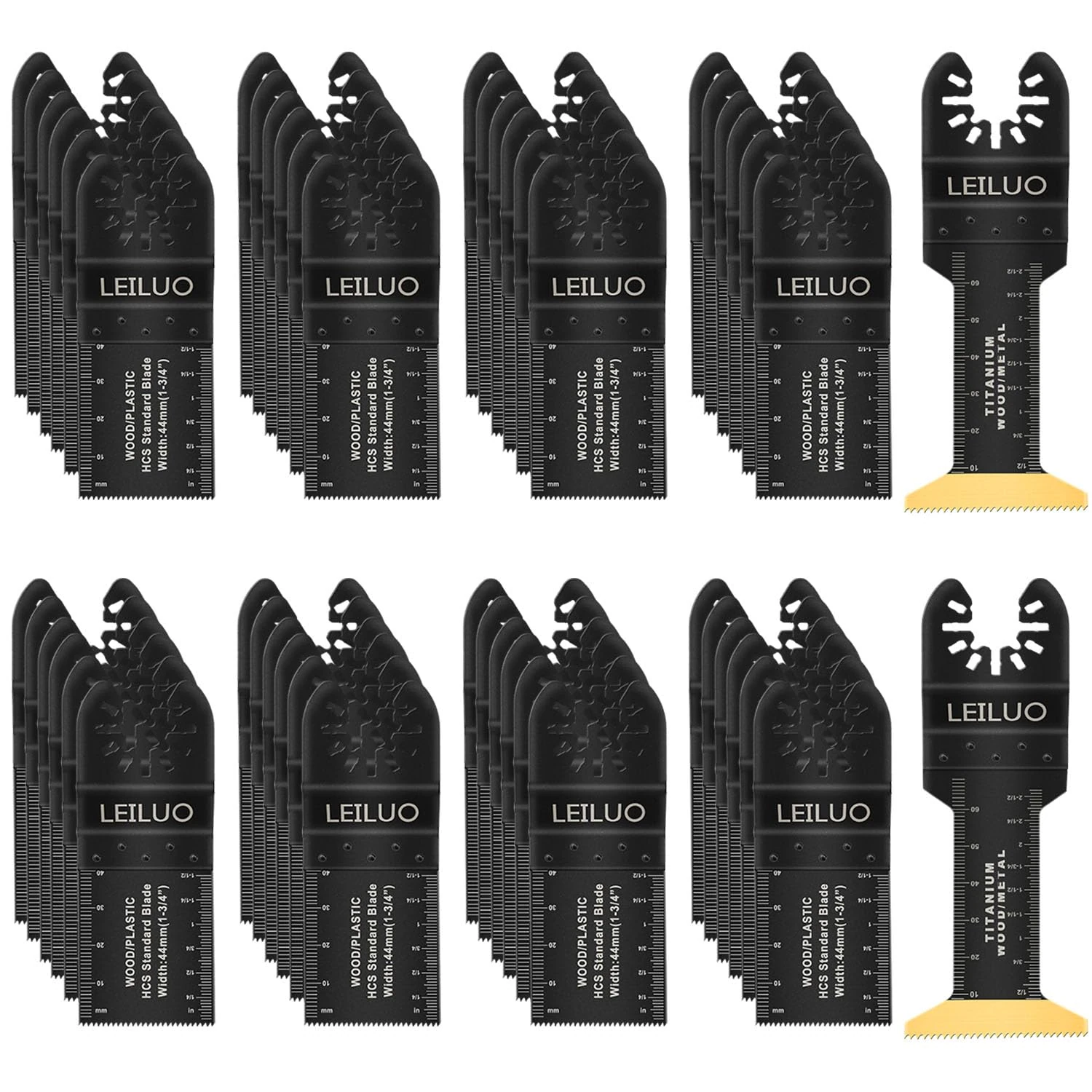LEILUO 50 Pcs Titanium Multitool Blades Set Extra Long Oscillating Tool Blades with Storage Bag Universal Fit Cutting Accessories for Wood Nails Drywall PVC Trim Home Renovation