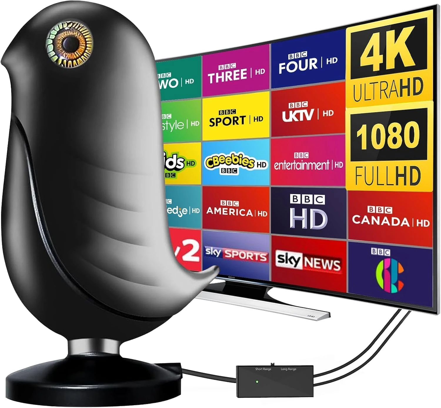 2025 Indoor TV Aerial - Digital Aerial with Booster 350+ Long Range Reception for Freeview TV Support 4K 1080P HDTV & 5M Coax Cable (Bird)