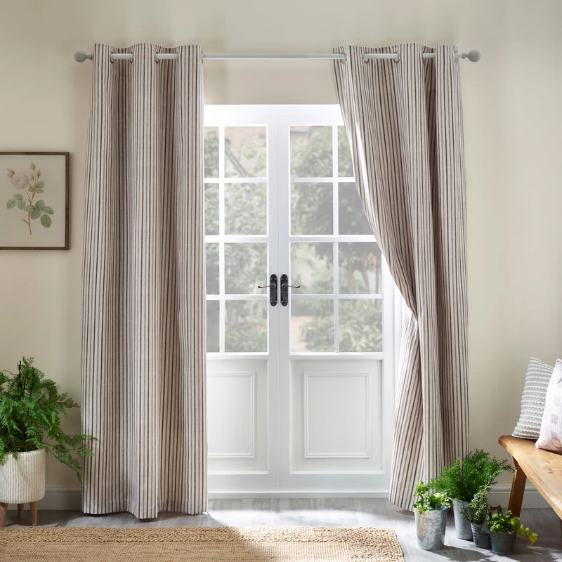 Catherine Lansfield Logan Stripe90x90 Inch Lined Eyelet Curtains Two Panels Natural
