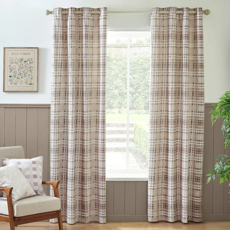 Catherine Lansfield Cullen Thermal Check Brushed Cotton 90x90 Inch Eyelet Curtains Two Panels Natural
