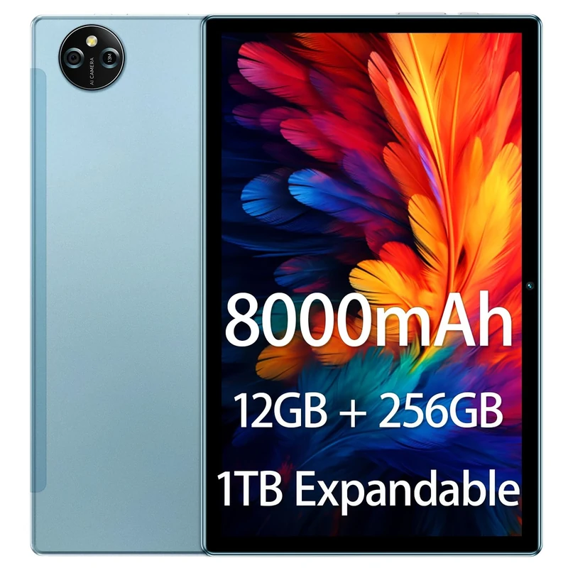 10 Inch Android 15 Tablet, 12GB RAM 256GB ROM 1TB Expandable Touch Screen IPS 1920x1200, BT 5.0, Dual Camera, Blue