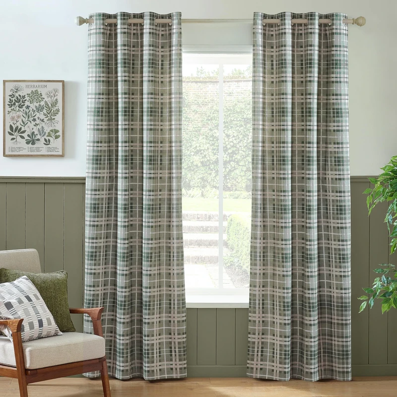 Catherine Lansfield Cullen Thermal Check Brushed Cotton 90x90 Inch Eyelet Curtains Two Panels Green