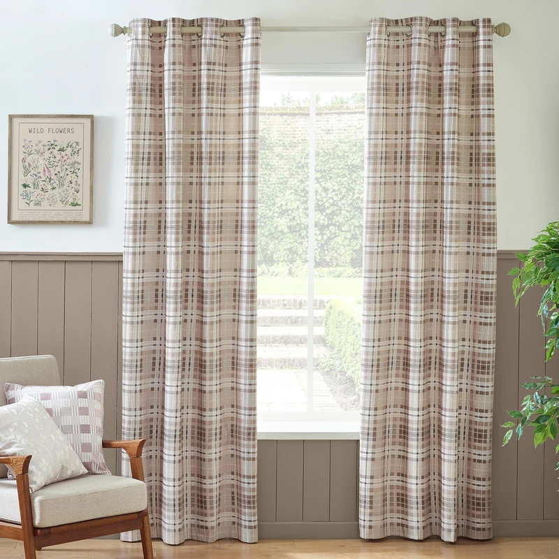 Catherine Lansfield Cullen Thermal Check Cotton Curtains - Natural