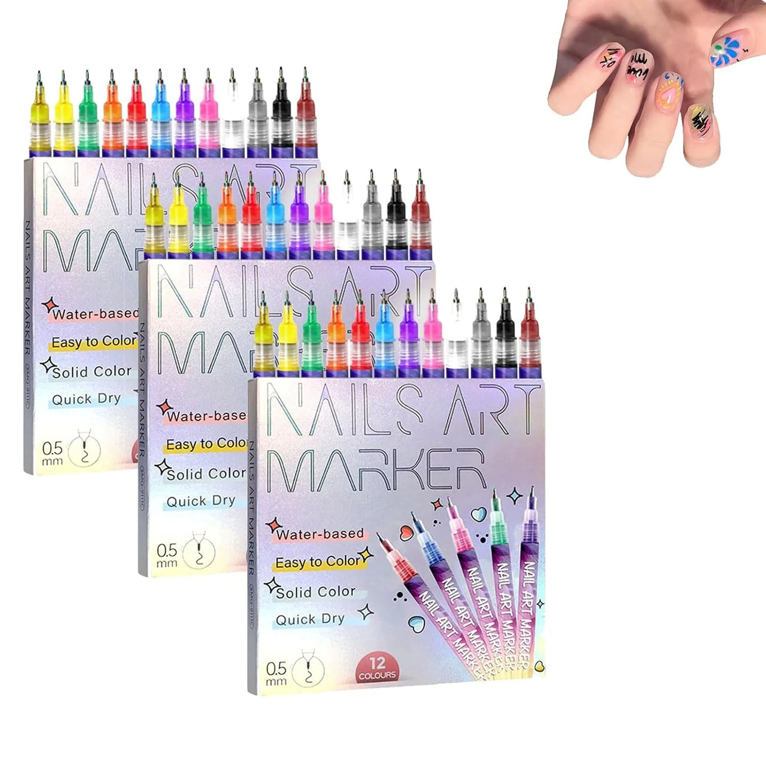 Nail Art Pens,Nail Art Markers for Gel Nails 12 Colors Nail Art Pens Set,DIY Nail Art Marker Drawing Painting Liner Pen,Quickly Dry Nail Art Nail DIY Decoration,0.5mm Nail Varnish Pen (3 Set)