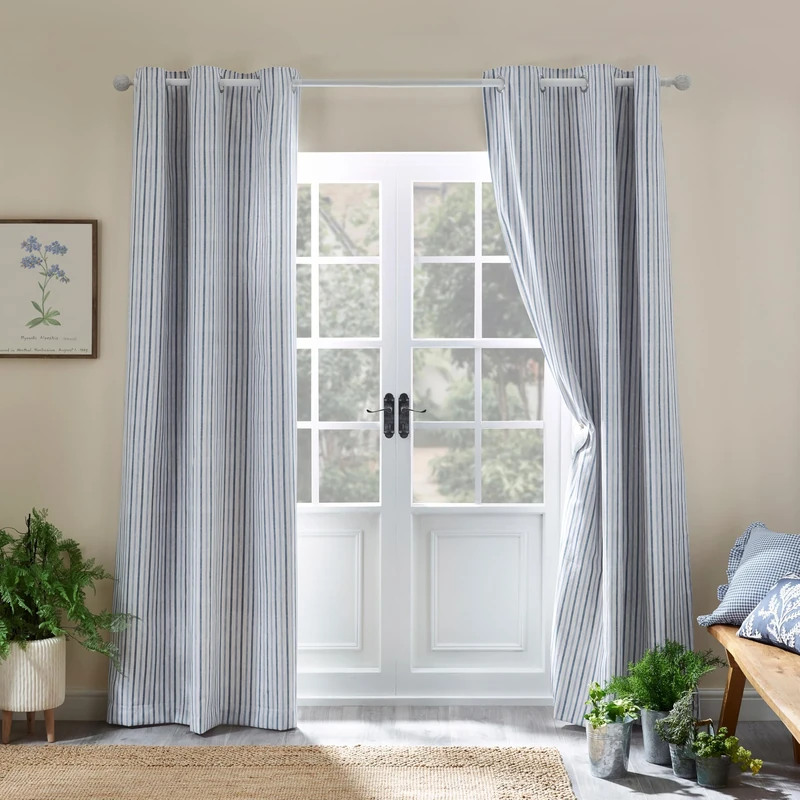 Catherine Lansfield Logan Stripe 90x90 Inch Lined Eyelet Curtains Two Panels Blue