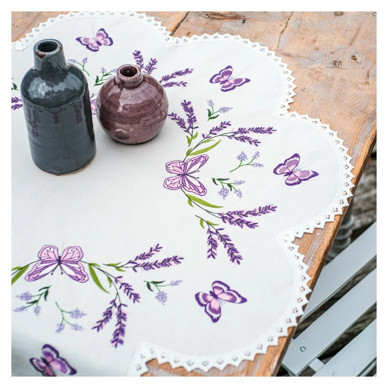 VERVACO Embroidery Kit Tablecloth Embroidery Set Adult Pre-Printed Lavender Embroidery Blankets Pre-Drawn Blanket Embroidery Kit Flat Stitch Approx. 75 x 75 cm Fabric for Embroidery Creative Gift