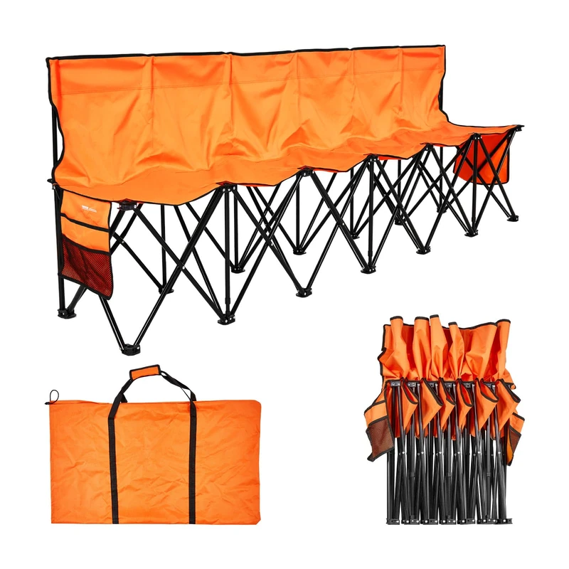 VEVOR Portable Folding Bench, 6 Seat Foldable Soccer Bench with Side Pockets and Carrying Bag, Lightweight Sideline Seating with Back Rest for Football, Baseball, Camping, Outdoor Events, Orange - Image 1