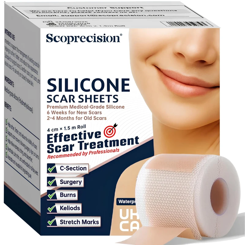 Scoprecision Silicone Scar Tape 4cm x 1.5m | Medical Grade Silicone Sheets for Scar Care | Suitable for Surgery, C Section, Burns, Acne Marks and Stretch Marks | Soft, Reusable, Waterproof