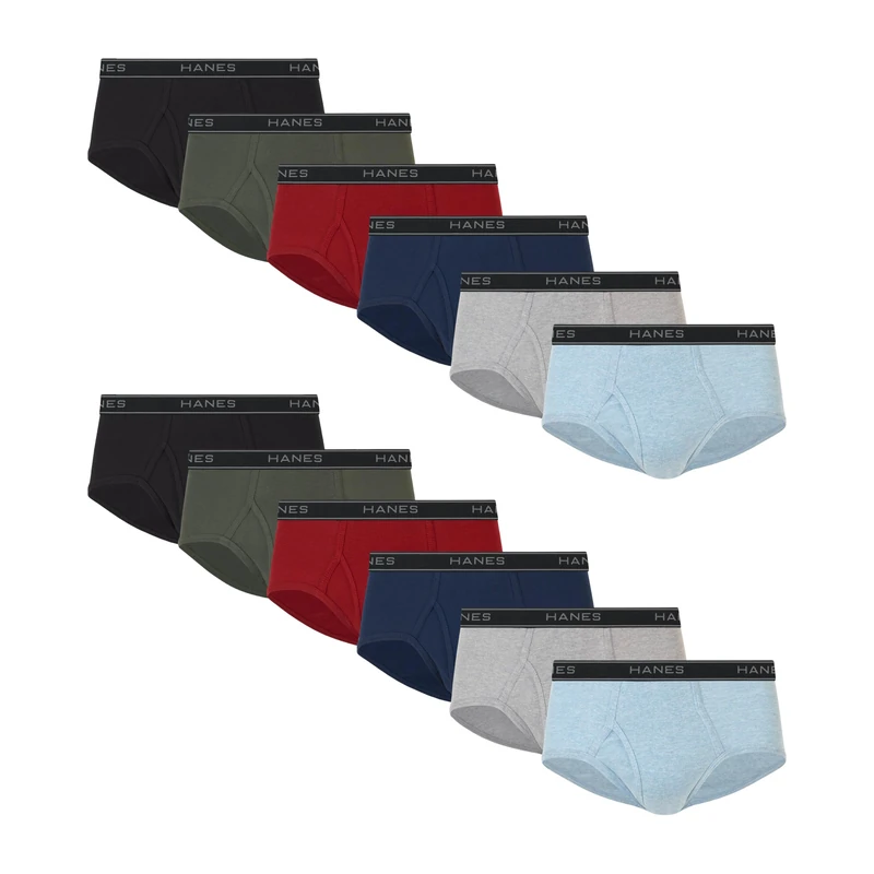Hanes Men's Pack, Dyed Cotton Briefs, Moisture-Wicking Underwear, Mid-Rise, 12-Pack, Black, Blue, Green, Grey, Red, XL (Pack of 12)