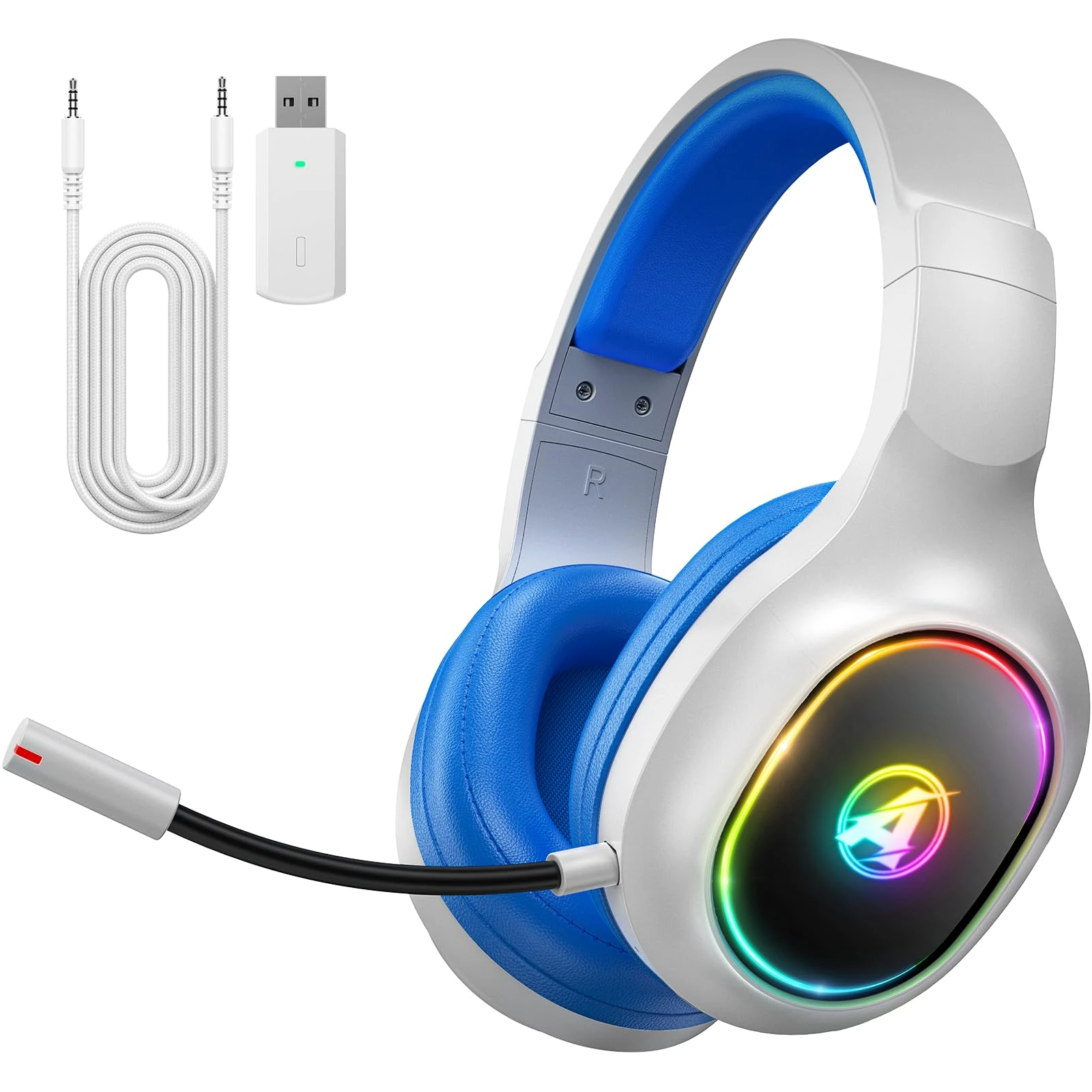 Awinnasey PH1 2.4GHz Wireless Gaming Headset for PS5, PS4, PC, Switch, Bluetooth Headset with 3.5mm Jack, Wireless Gaming Headphones with Microphone, 7.1 Stereo Sound, Low Latency, White Blue, PRO