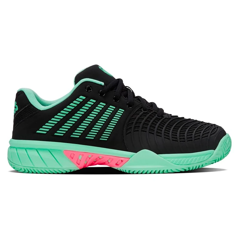 K-Swiss Women's Express Light 3 Clay Tennis Shoe, Black/Neon Mint/Neon Pastel Pink, 4 UK
