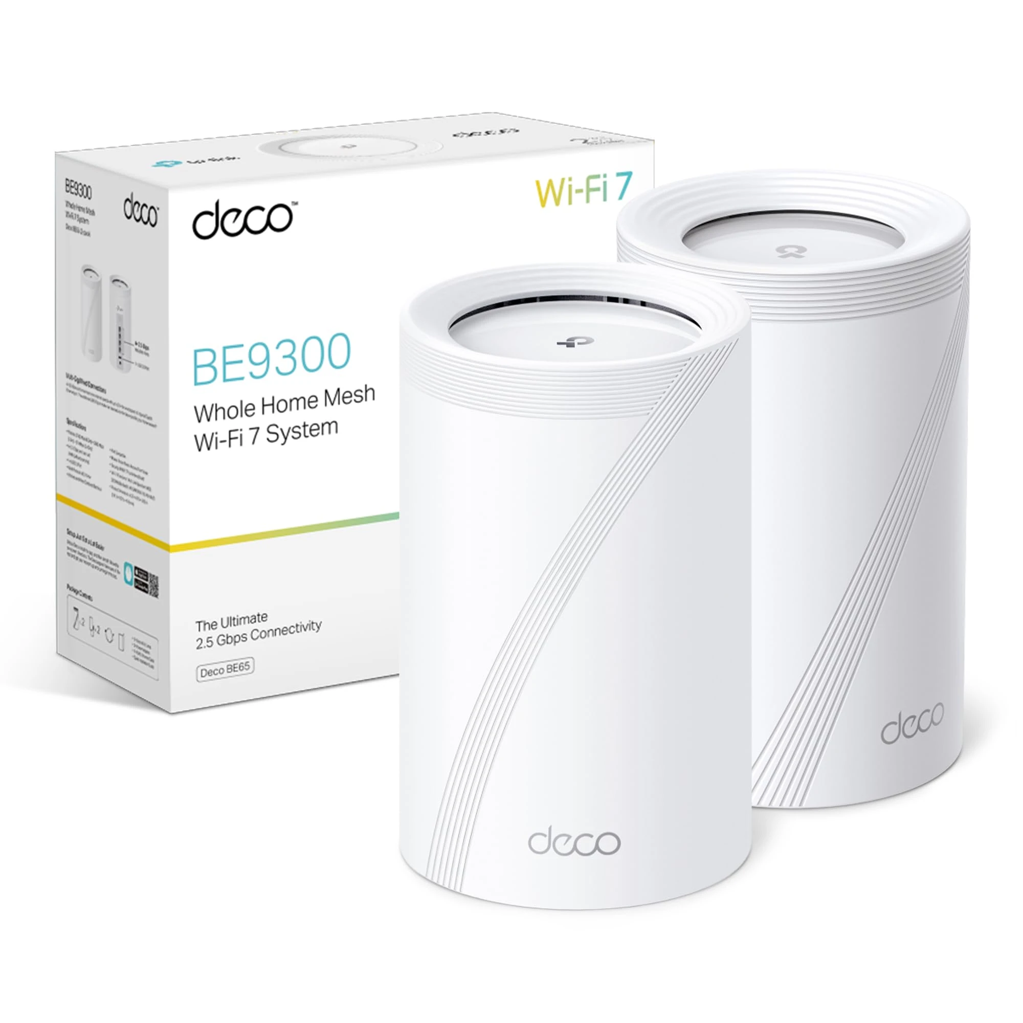 TP-Link Deco BE65(2-pack) BE9300 Mesh WiFi 7, Tri-Band Seamless AI Roaming, Mesh System with MLO,2,5 Gbps Ports, 4K-QAM, VPN Encryption,APP Control, Google Home, Alexa, HomeShield