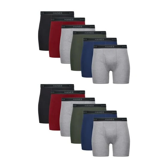 Hanes Men's Underwear, Cotton Boxer Briefs, Moisture-Wicking, Assorted Solids, 12-Pack, Black, Blue, Green, Grey, Red, M