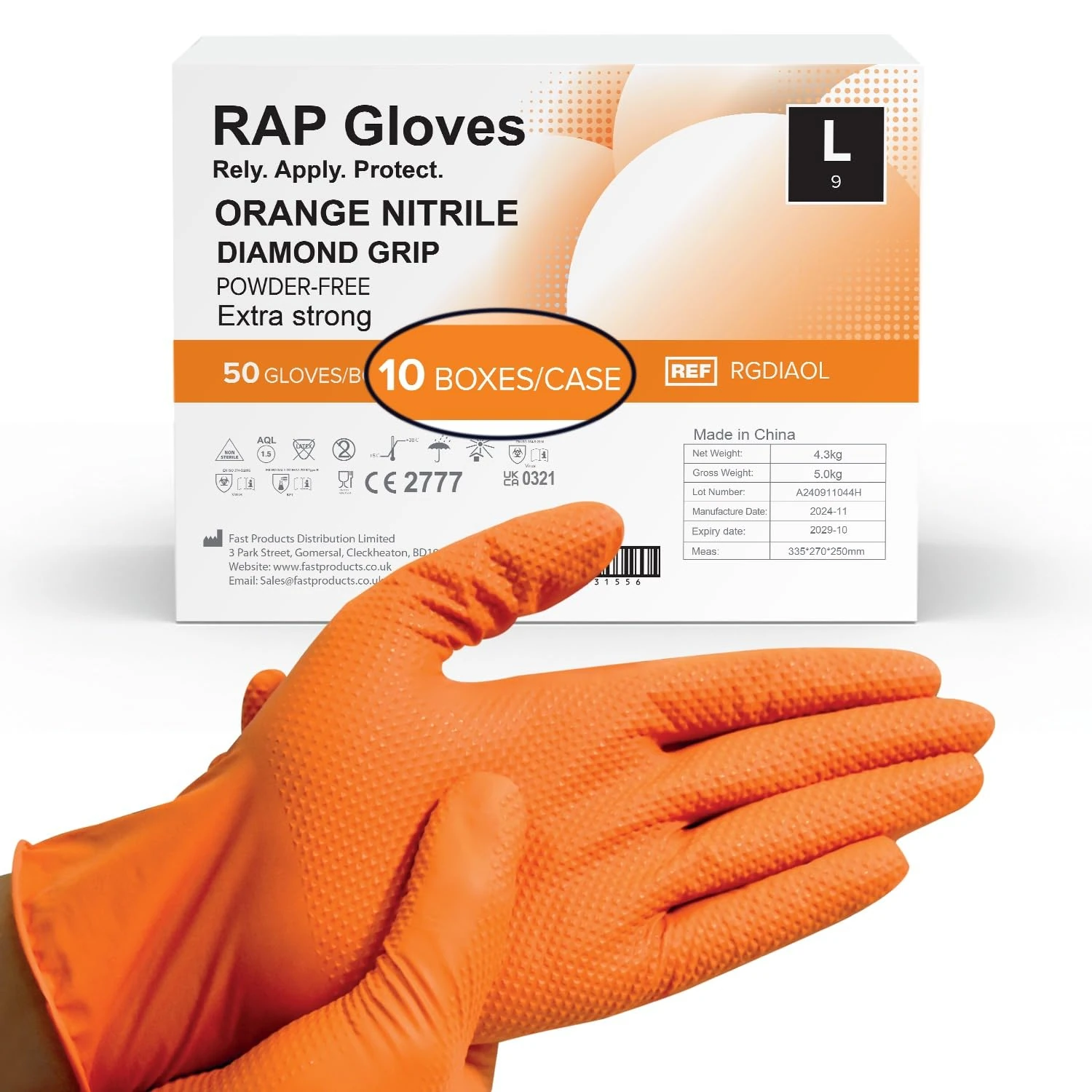 RAP Nitrile Work Gloves (500 Pack) – Heavy duty, Diamond Grip, Latex-Free, Powder-Free, Non-slip, Extra Thick – Ideal For Mechanics, Workshop, and Automotive use. (Orange, L)