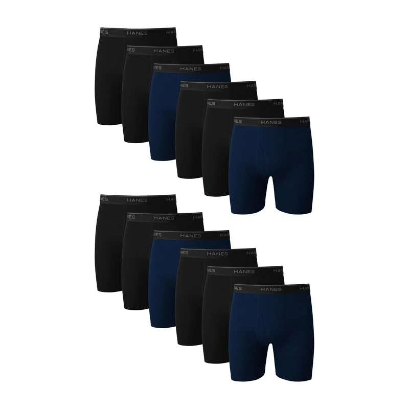 Hanes Men's Underwear Pack, Cotton Boxer Briefs, Moisture-Wicking, Assorted Solids, 12-Pack, Black, Blue, Green, Grey, Red, L