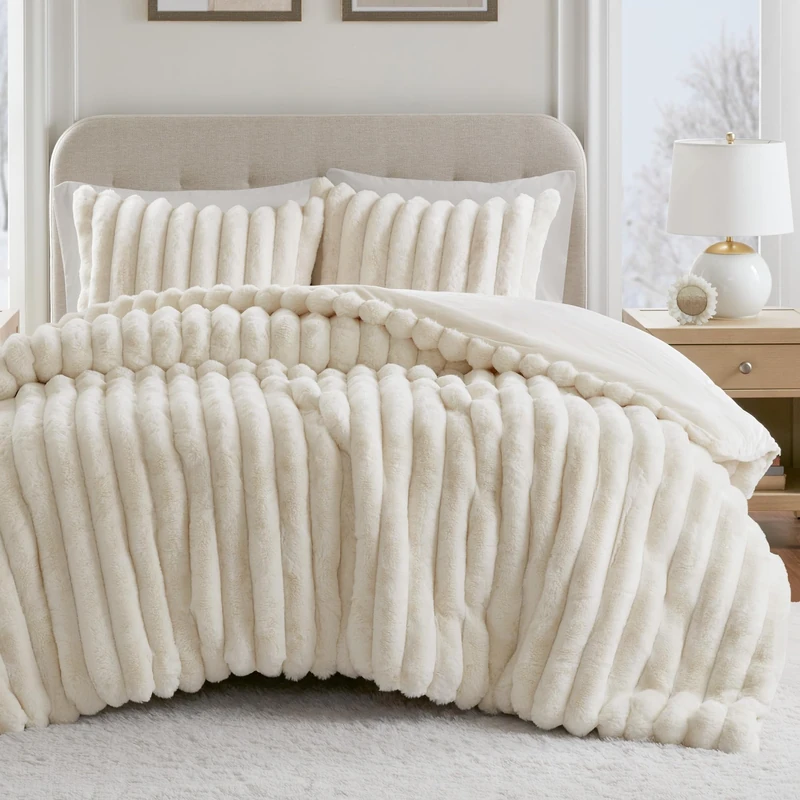 Madison Park Queen Comforter Set Reversible Faux-Fur Plush Comforters for Queen Size Bed, All Season Luxurious Ribbed Velvet Comforters Queen Size Bedding Set, Jasmine, Full/Queen, Ivory 3 Piece