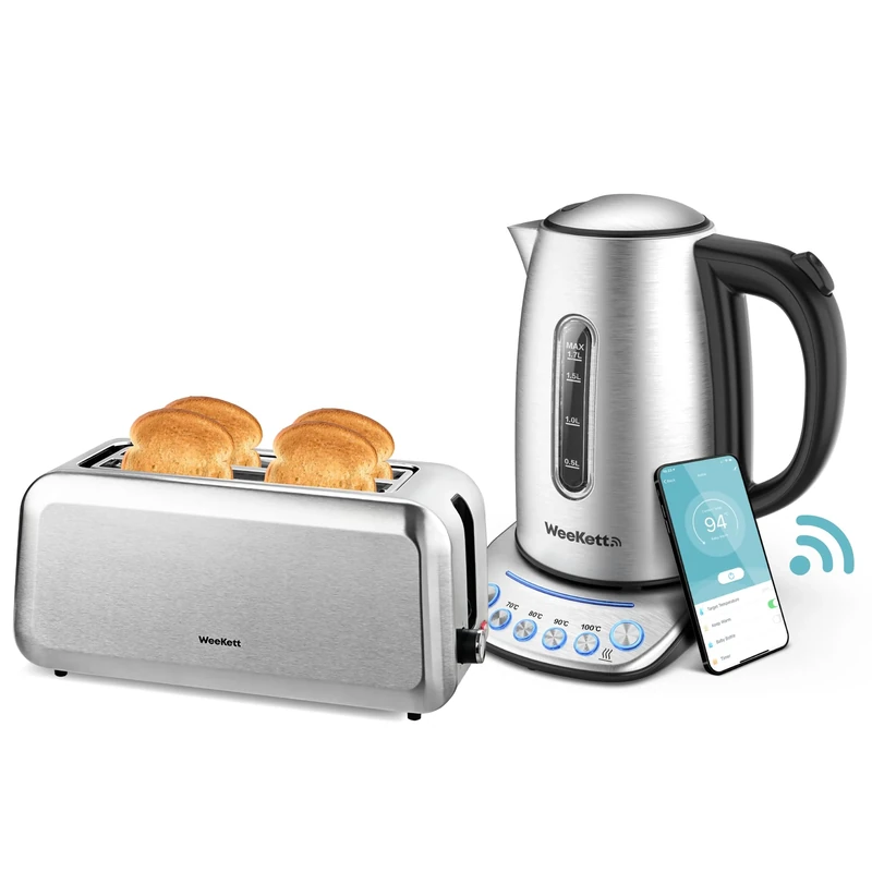 WeeKett 4-Slice Toaster & Smart Kettle Bundle: Stainless Steel, 1250-1450W, Wide Slots for Artisan Bread, Crumpets, Bagels, Adjustable Browning, Defrost, Reheat, 1.7L Voice-Controlled Kettle, Variable