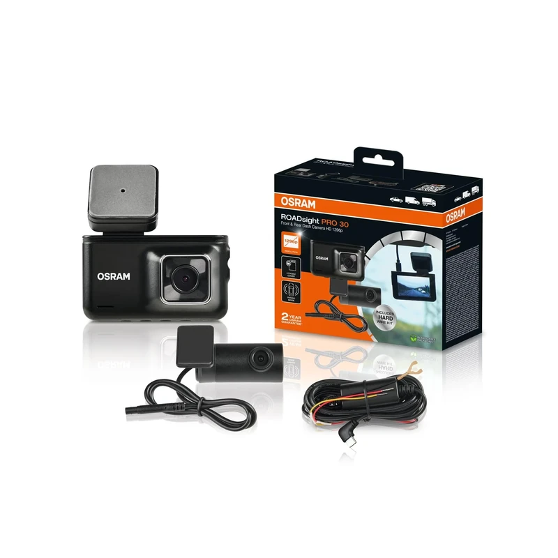 OSRAM ROADsight PRO 30 Dash Camera - front and rear, 1296p full HD, 3” IPS Screen, 140° and 120°, G-sensor, 30fps, parking mode, HDR function, lockable micro SD card slot, 12/24V