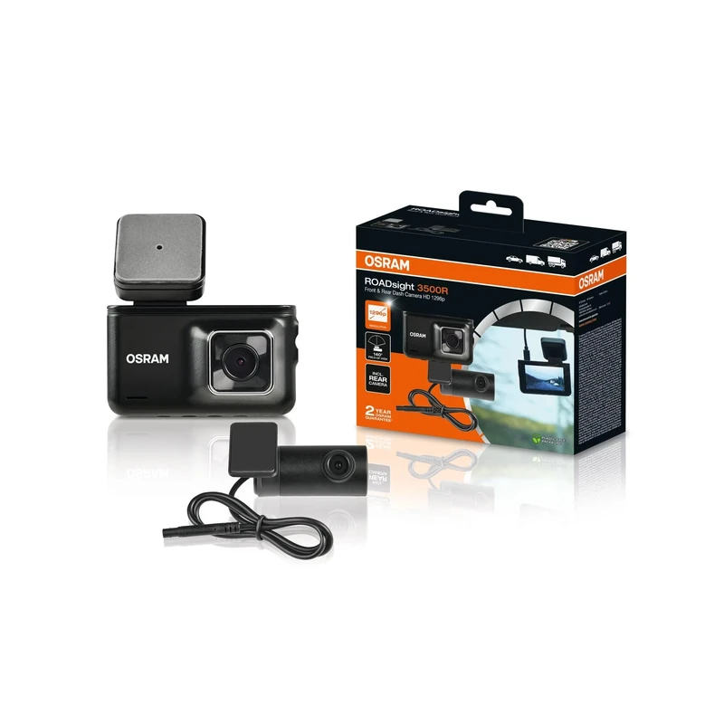 OSRAM ROADsight 3500R Dash Camera with rear view camera, 1296p HD, 3 inch display, 140° wide angle, G-sensor, 30fps, parking mode, HDR function, SD card support, 12/24V