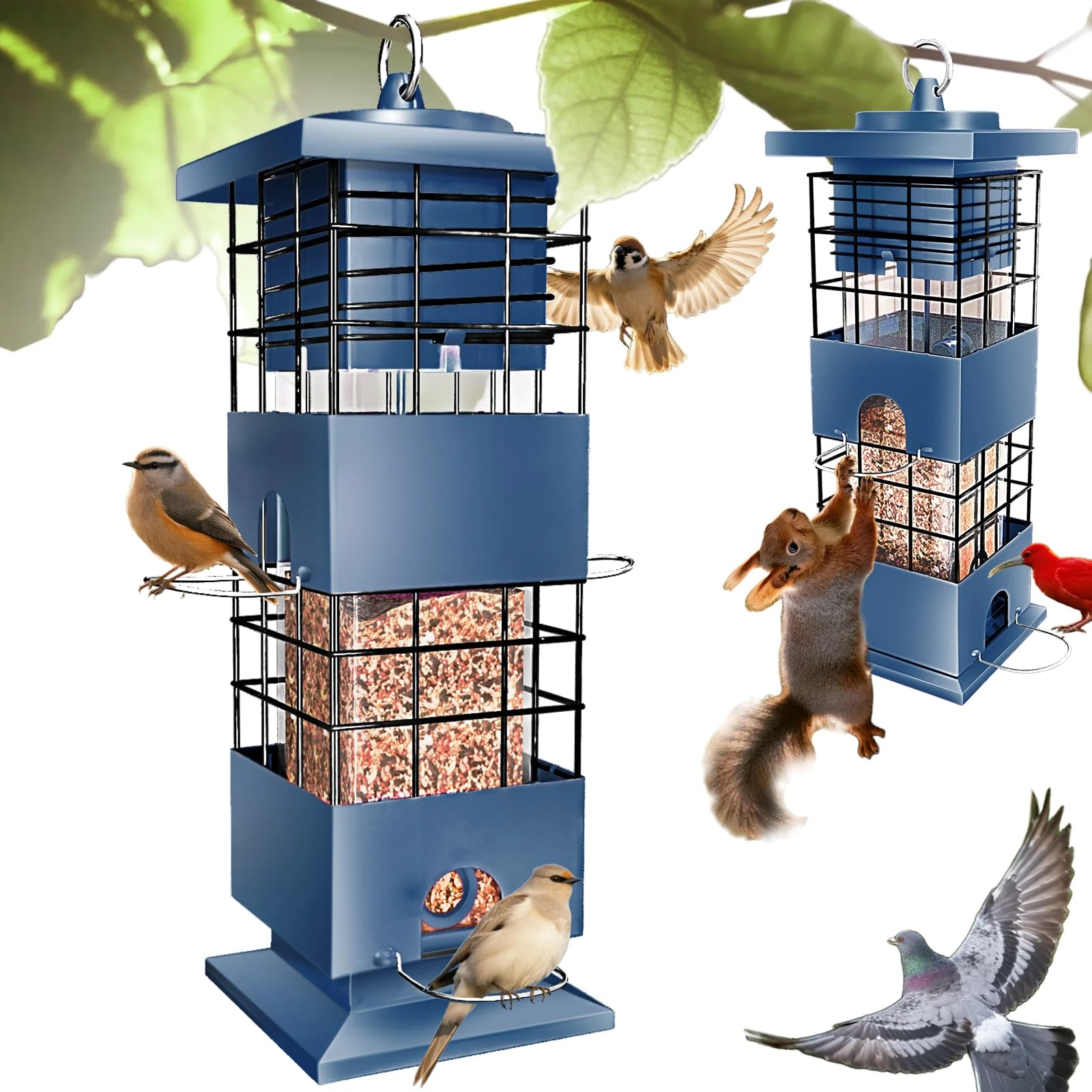 Squirrel Proof Bird Feeder, Niger Seed Bird Feeder w/4 Feeding Ports, Rat Proof Hanging Bird Feeders for Small Birds, Bird Seed Feeder, Metal Wild Bird Feeding Station for Garden (3LB, Blue)