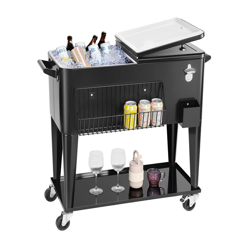 VEVOR 80 Quart Rolling Ice Chest, Holds up to 50 Bottles / 110 Cans, Portable Patio Party Bar Drink Cooler Cart with Bottom Shelf, Beverage Pool with Side Basket and Bottle Opener, Black
