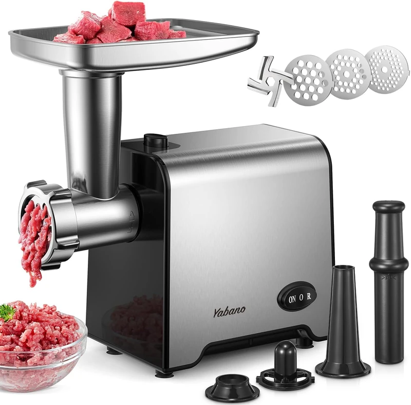 Yabano 3 in 1 Electric Meat Grinder, Stainless Steel Minced Meat Machine with Sausage Filler, 3 Sanding Plates, Cube Attachment & Sausage Filling Tubes for Home & Kitchen