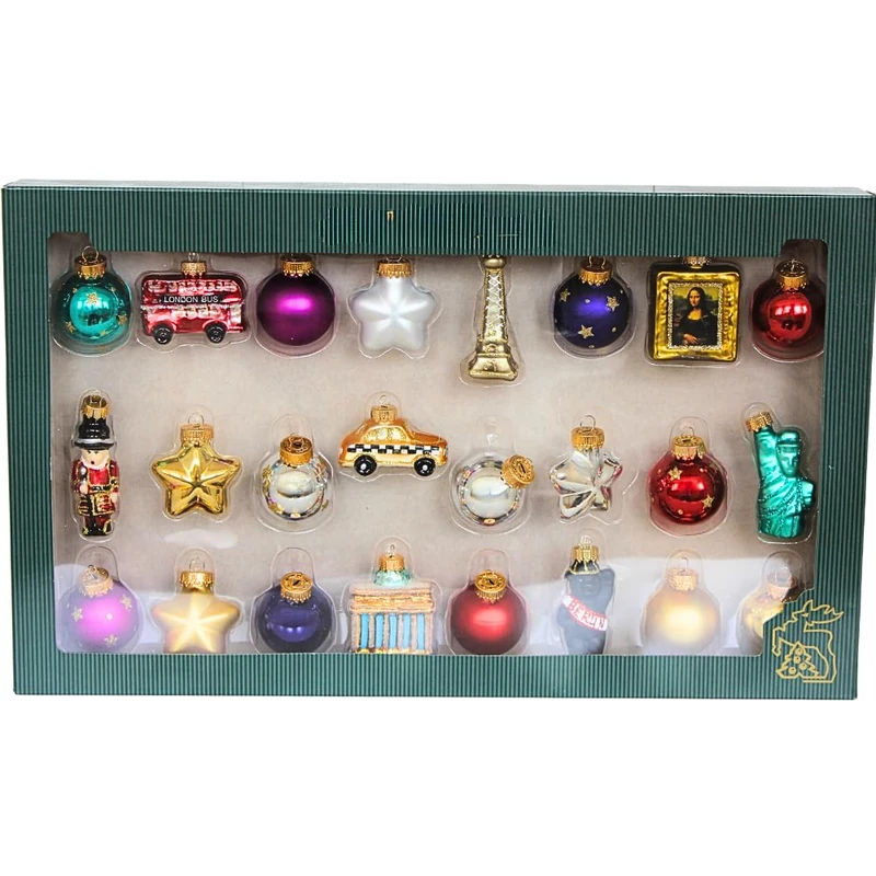Dekohelden24 Lauschaer Lauscha Christmas Tree Decorations Set of 24 Glass Baubles Glass Ornaments World Travel Tree Decoration for Filling Advent Calendar Size 3 cm Each Ornament - Image 1