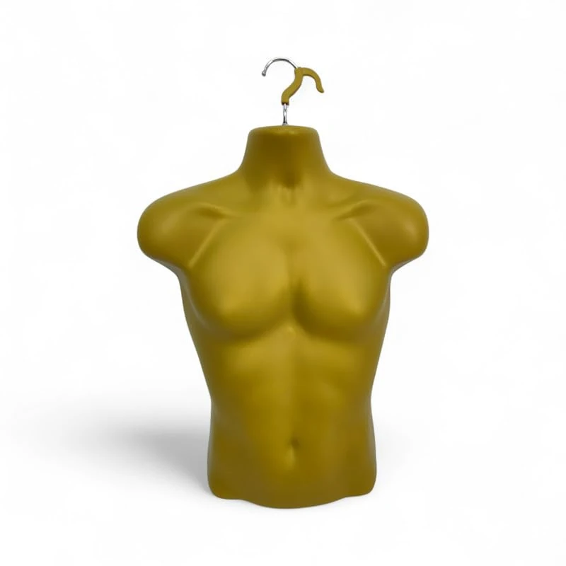 Matt Gold-Male Hanging Mannequin Torso – Hard Plastic 3/4 Body Form with Hook – Hollow Back Display Bust for Tops, Shirts, Accessories
