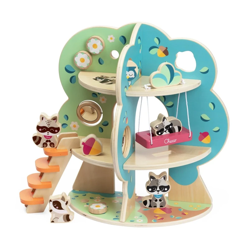 Chicco Wooden Playset, Raccoon Tree, Montessori Game, 4 Exclusive Characters, Playset 34 cm Height on Two Levels, Game for Girl and Boy 2+ Years, Gift Idea